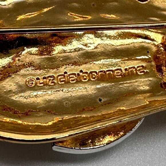 Liz Claiborne Brooch Leaves Silver Gold Two Tone Double Leaf Pin Signed - Picture 8 of 9